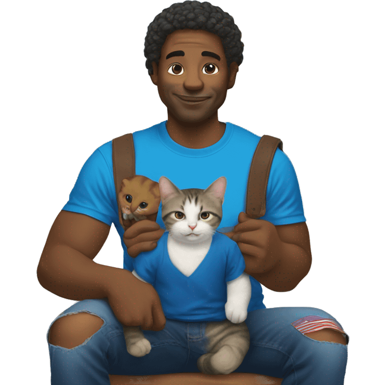 american rich in blue t-shirt with a baby cat on his shoulder emoji