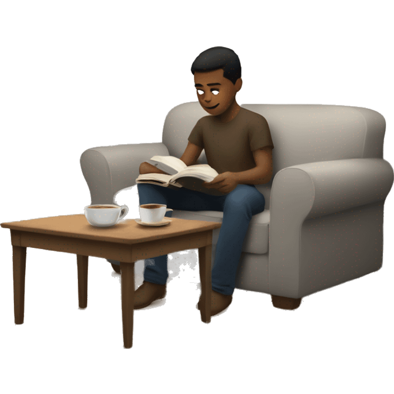 A white boy reading at a coffee table with a cup of coffee next to him emoji