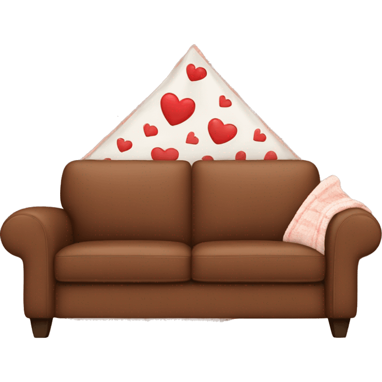 Brown couch with a blanket with hearts on it emoji