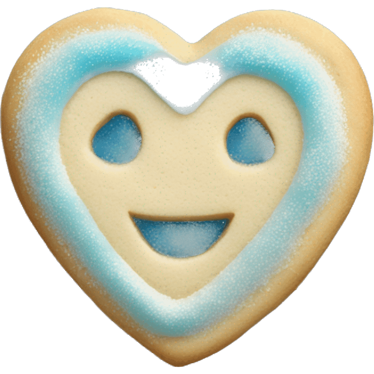 Realistic shortbread cookie in the shape of a heart with blue jelly middle filling and sprinkled powder sugar on top. emoji