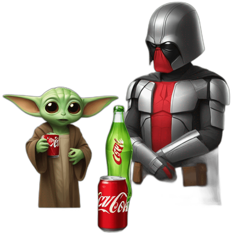 Spooderman with coca cola and drinking it with baby yoda emoji