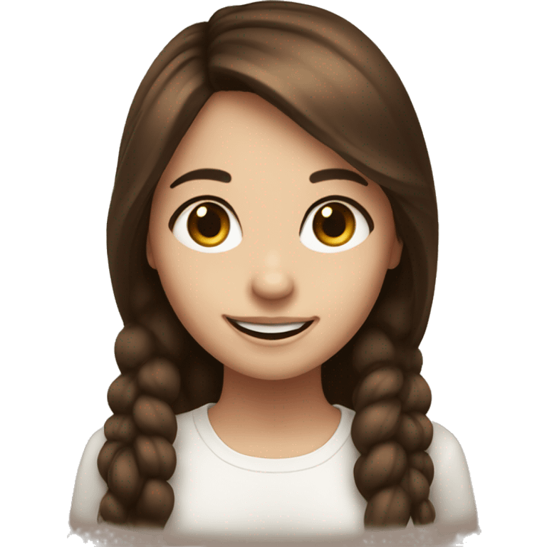 A sweet smiling girl with white skin and brown eyes touches her brown hair emoji