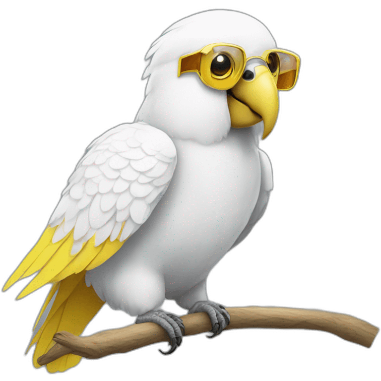 white parrot with a yellow crest in transparent glasses emoji