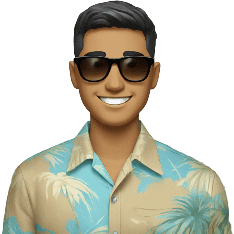 Smiling man, tan skin, black eyebrows, oblong face shape, light brown messy bowl haircut, wayfarer sunglasses, light blue hawaiian shirt with white palm tree pattern emoji