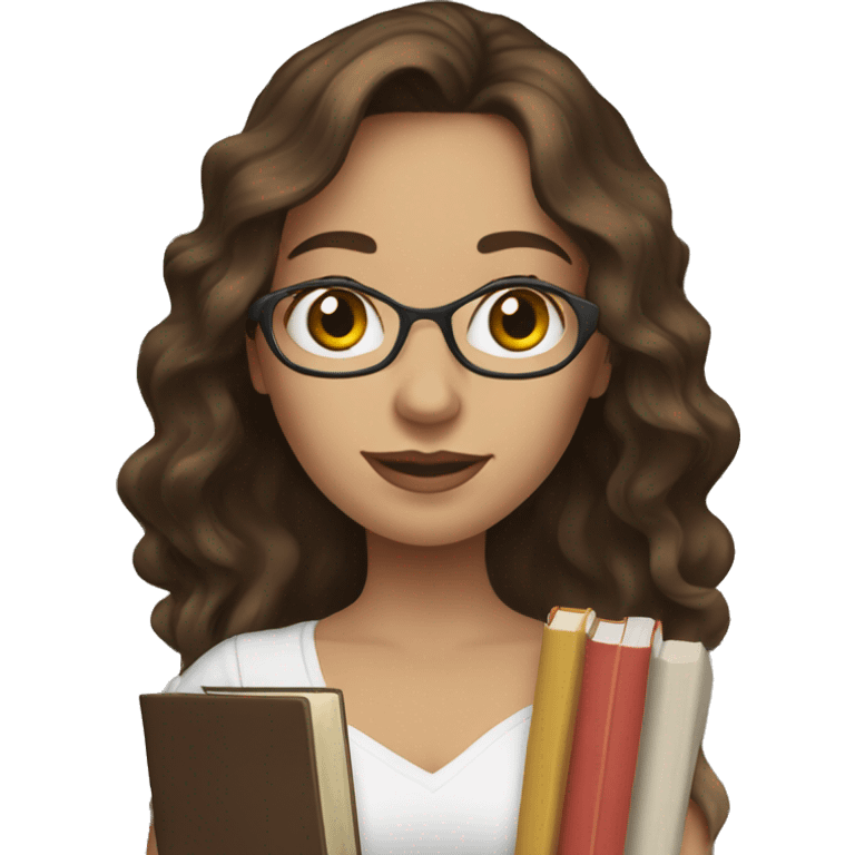 white skin woman with dark brown long wavy hair holding books woman emoji