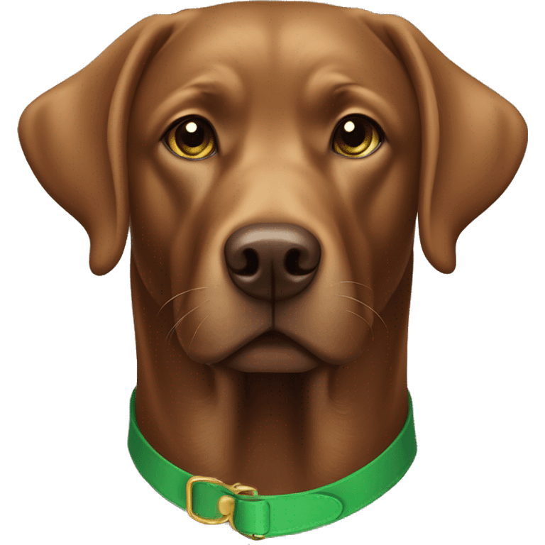 Light brown chocolate Labrador wearing green collar looking straight emoji