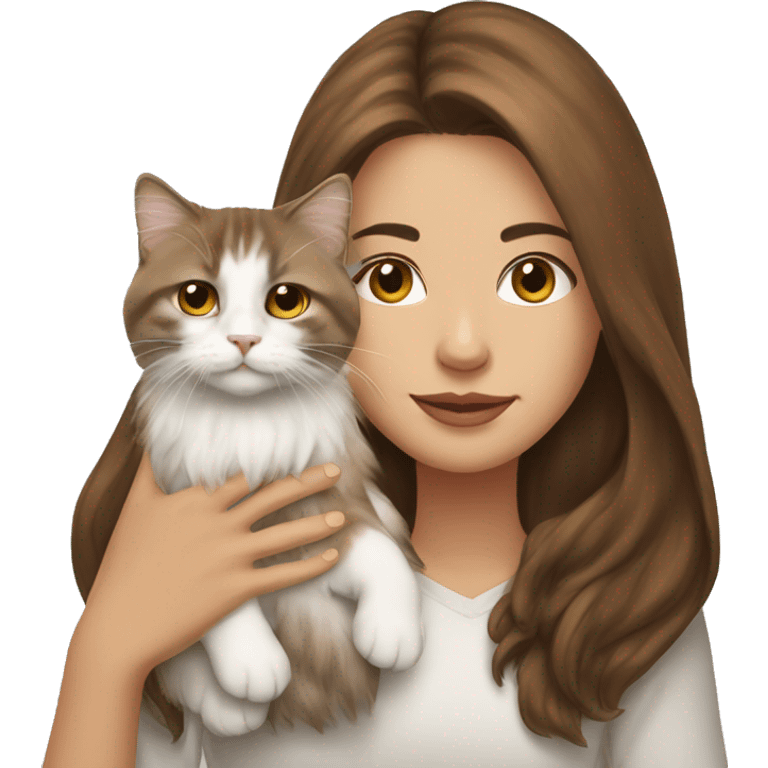 Woman with brown long hair holding a white Siberian cat emoji