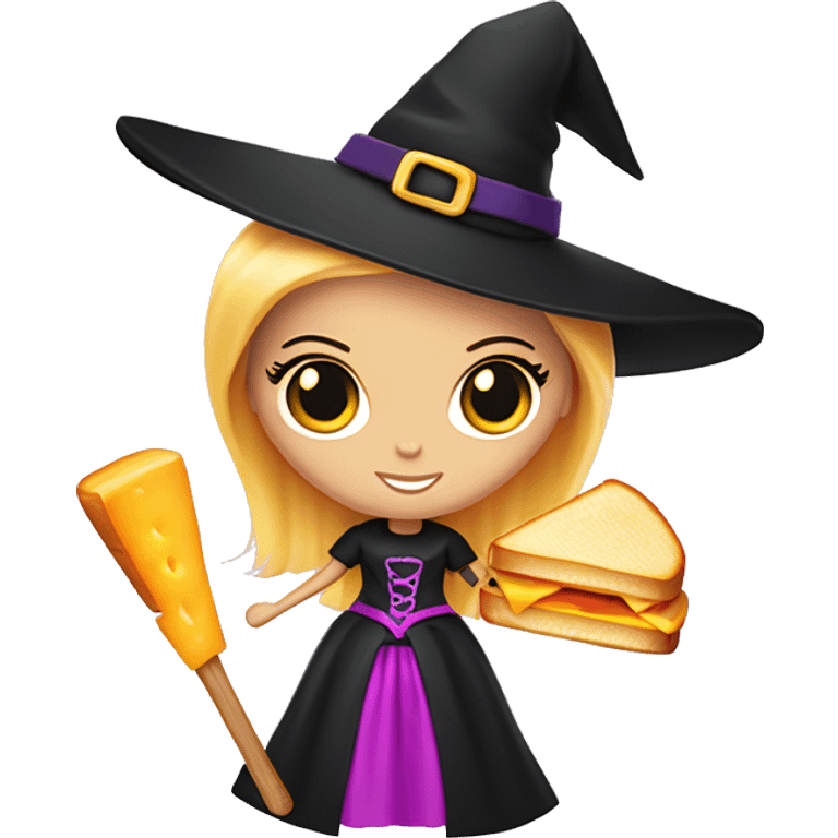 Barbie as a witch holding a grilled cheese sandwich and a scepter emoji