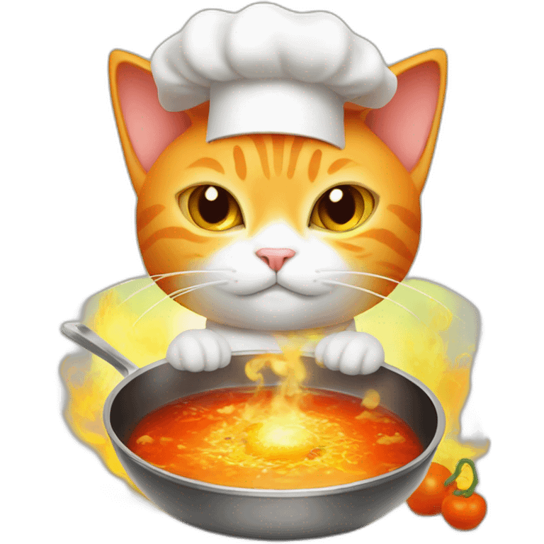 orange and white cat wearing chef hat cooking glowing radioactive chili soup emoji