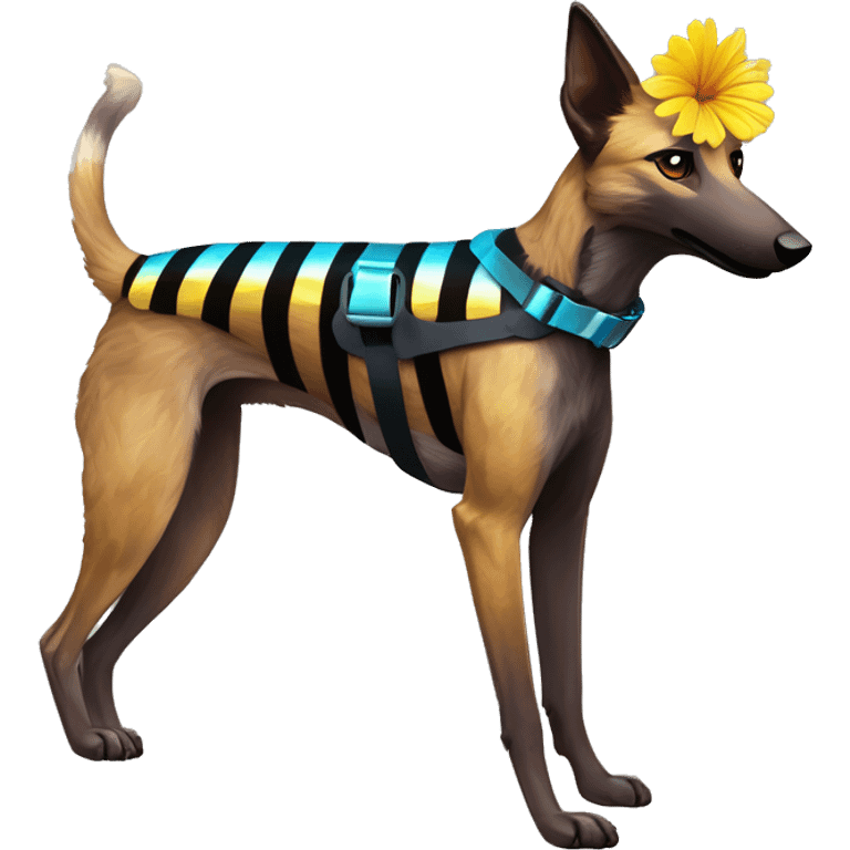  brindle brown black maroon striped lurcher Alsatian fox running blue eyes and iridescent holographic oilslick harness wearing paper iridescent tropical flower crown yellow caution tape emoji