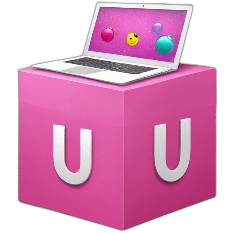 Inside a pink box, the letter "u" is in the middle, and disco ball, laptop, pencil and paint emojis peeking out from around the box. emoji