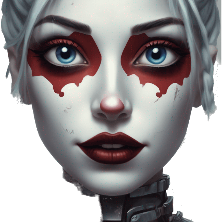 Cyborg in Harley Quinn style, oil paint, mysterious eyes, intricate lips, masterpiece portrait, odd perspective, beautiful, desirable, logical emoji