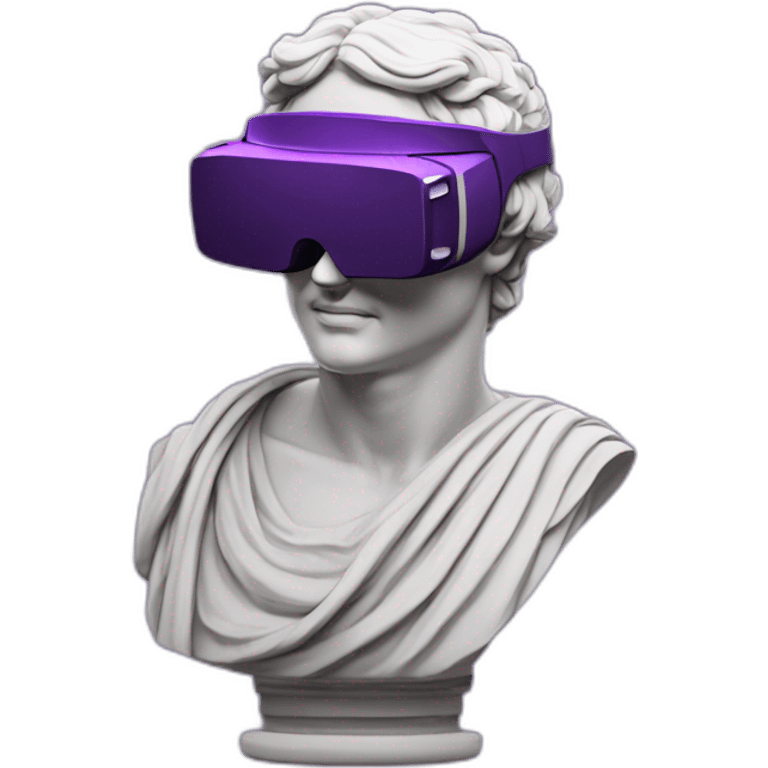 an EMOJI OF A ancient young greek statue, wearing VR headset, purple colors, DIGITAL UNIVERSE emoji