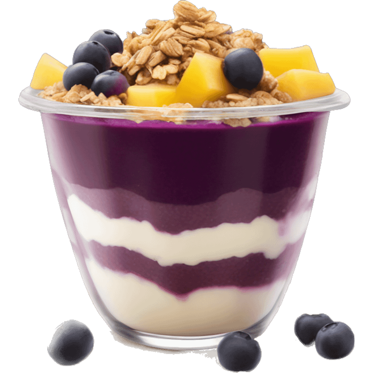 Açaí in a clear cup with layers of fruits and granola and condensed milk emoji