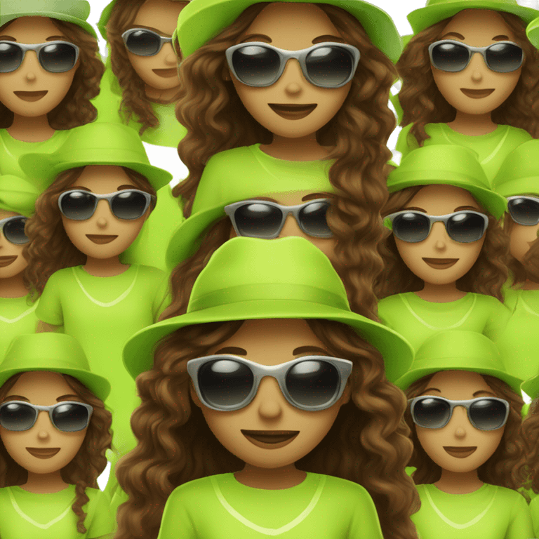 girl with white skin and long curly brown hair wearing sunglasses and a bright lime green hat emoji