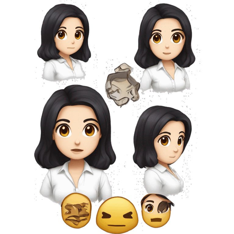 masterpiece, anime style, chibi, illustrated logo, medium short shot, emote for twitch of a 45 year old woman, oval face, black hair, brown eyes, white skin, white shirt, long hair
 emoji