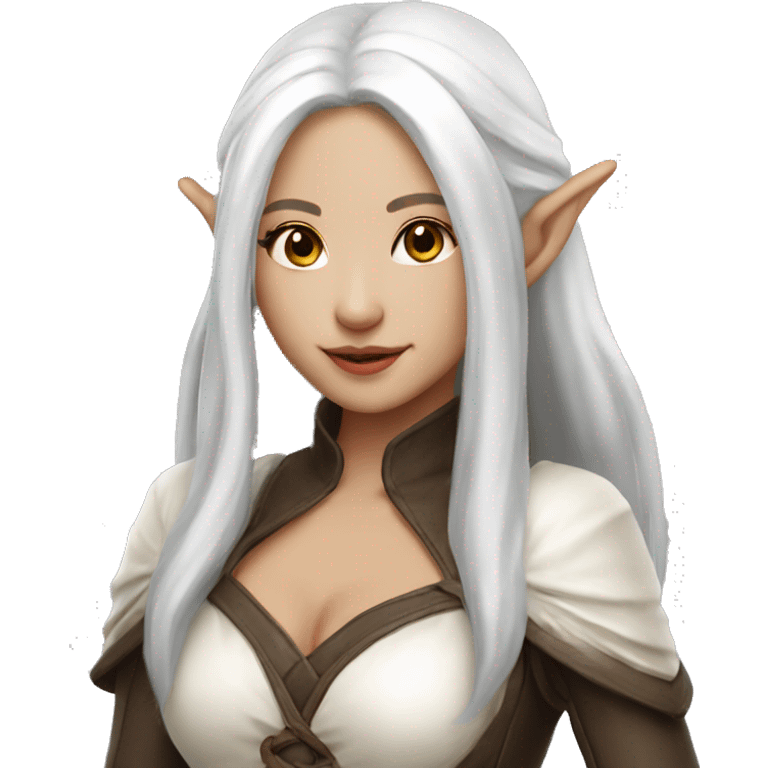 Asian feminine full body slim long white hair elf leather costume emoji