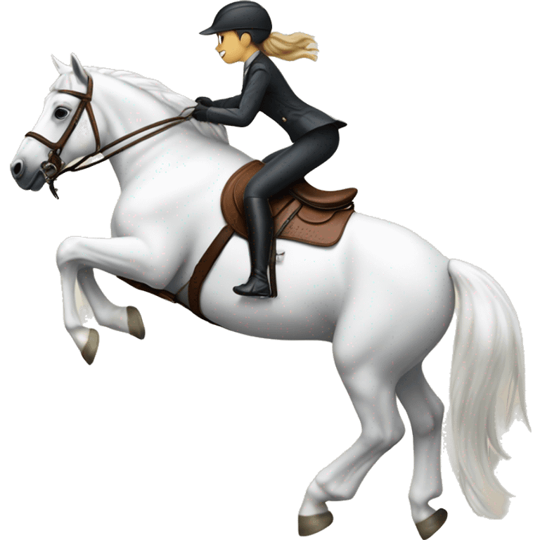 Girl riding white pony in English saddle over a jump emoji