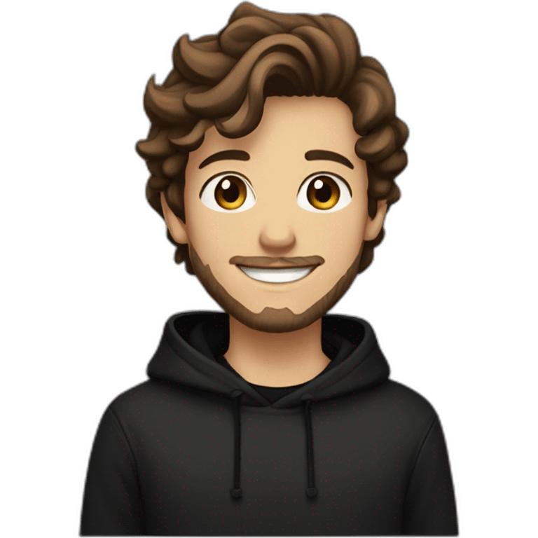 young man with short beard smiling medium long rockabilly style brown hair with light skin and dark brown eyes wearing black sweatshirt hoodie emoji