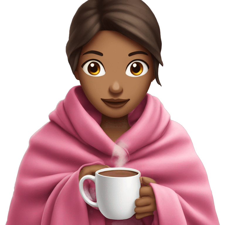 brunette girl in a pink blanket drinking hot chocolate emoji