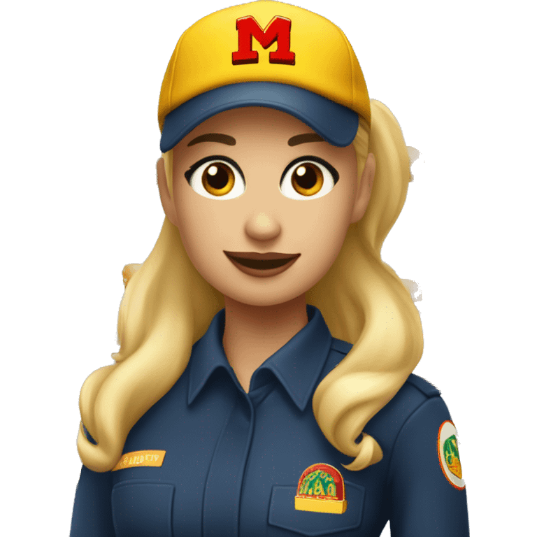 pretty makeup blonde ponytail girl wearing mcdonald’s uniform and hat emoji