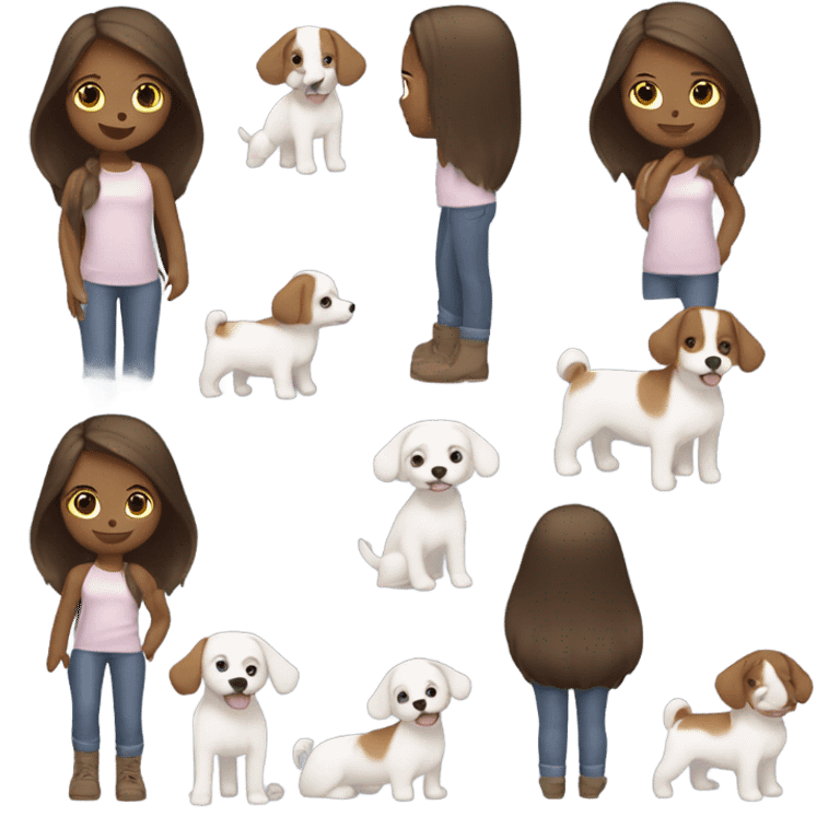 A gay girl with long brown hair with a little white dog  emoji