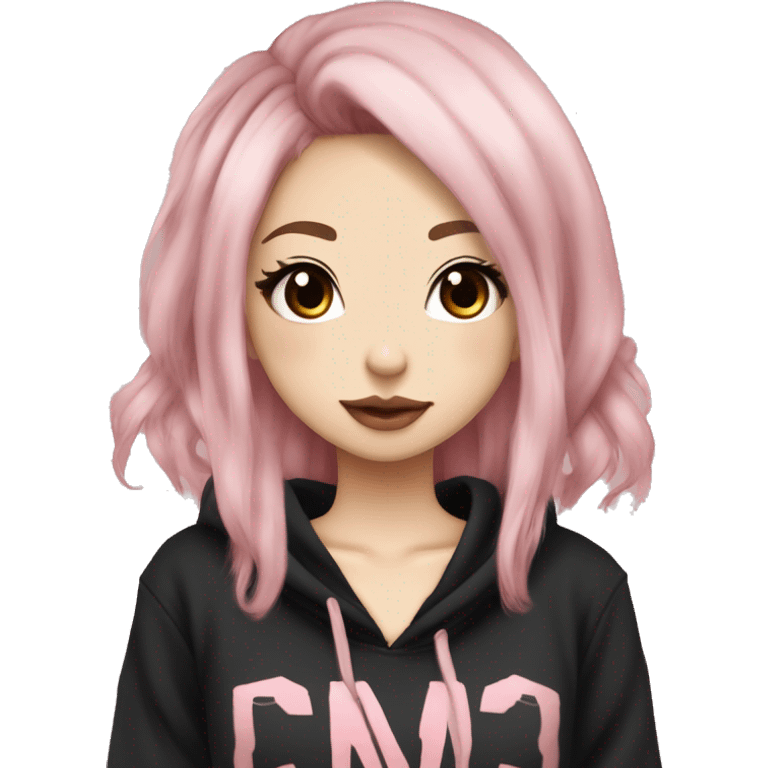 hime gyaru girl, tattoos, pale skin with medium brown and light pink hair, dark makeup, black hoodie emoji