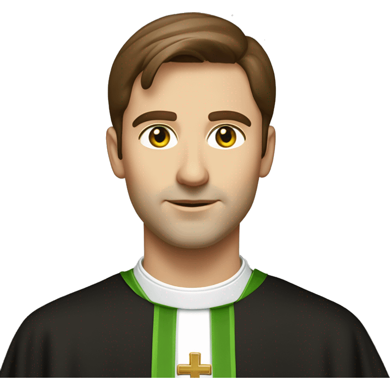 Front view Head and shoulders of a handsome catholic priest with brown hair and light green eyes wearing a clerical collar emoji