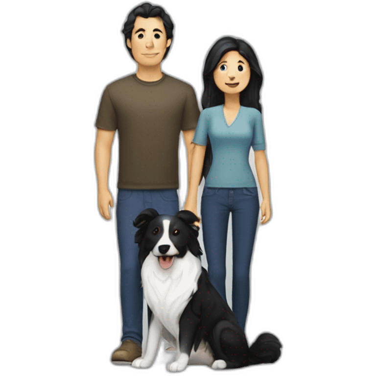 Family formed by a White man and a White woman with long black hair and a small black border collie dog emoji