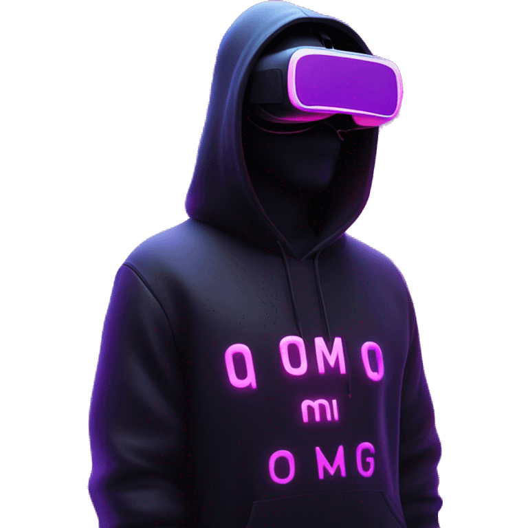 Donald Trump wearing a black hoodie with "OMG" letters on it and VR headset oculus quest 2 in a cyberpunk VR environment with violet neon lighting. emoji