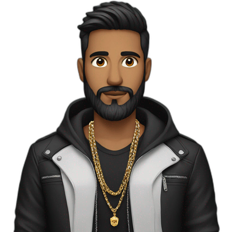 An Indian man with beard wearing men silver chain,styled on a black jacket emoji