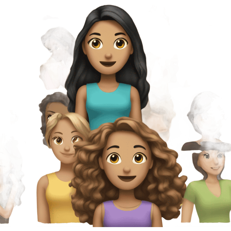 Three girl roomates, one with black hair, one with bronde hair, and one brown hair emoji