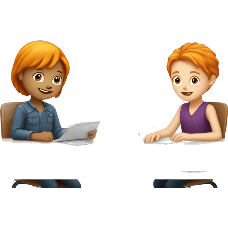 one ginger girl and one with boy,at table learning  emoji