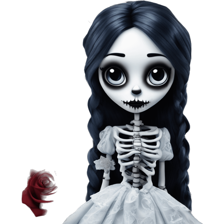 full height skeleton, tim burton "corpse bride", thin porcelain doll with a cracked face, goth makeup watery eyes, long hair, lace and ruffles, lolita style, inked, black and white, red roses, gothic castle with roses emoji