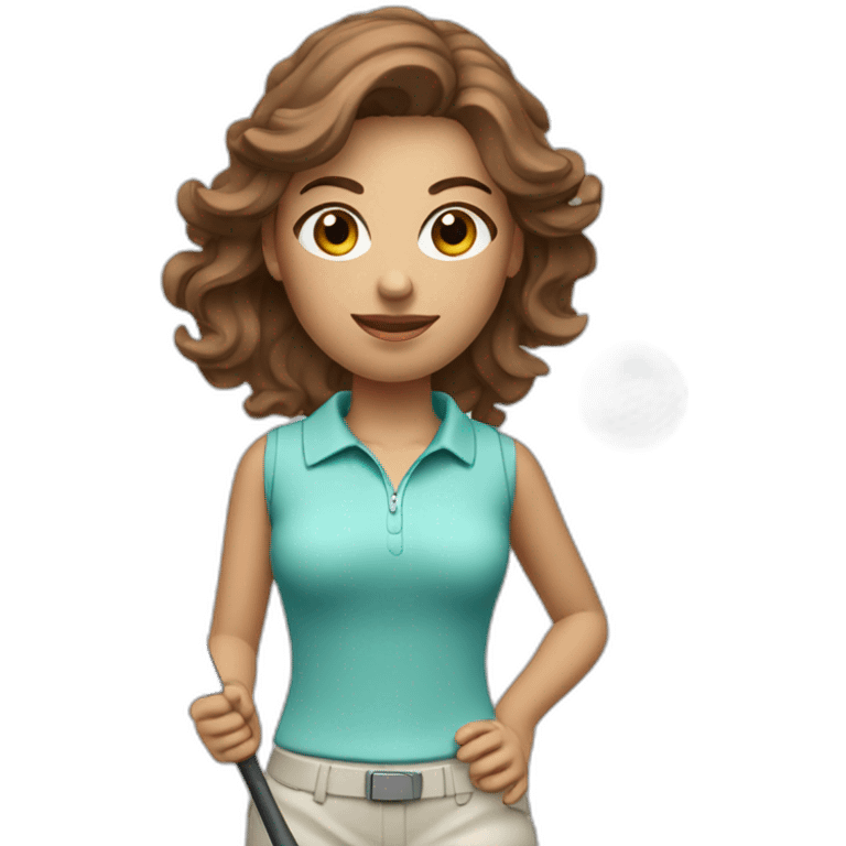 female with brown wavy hair dressed in golfwear with golf club and golf ball emoji