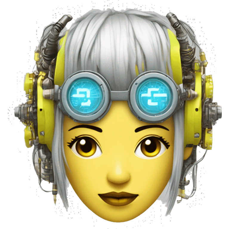 Neon yellow bobbed hair Asian female cyborg head with silver steampunk goggles and circuits emoji