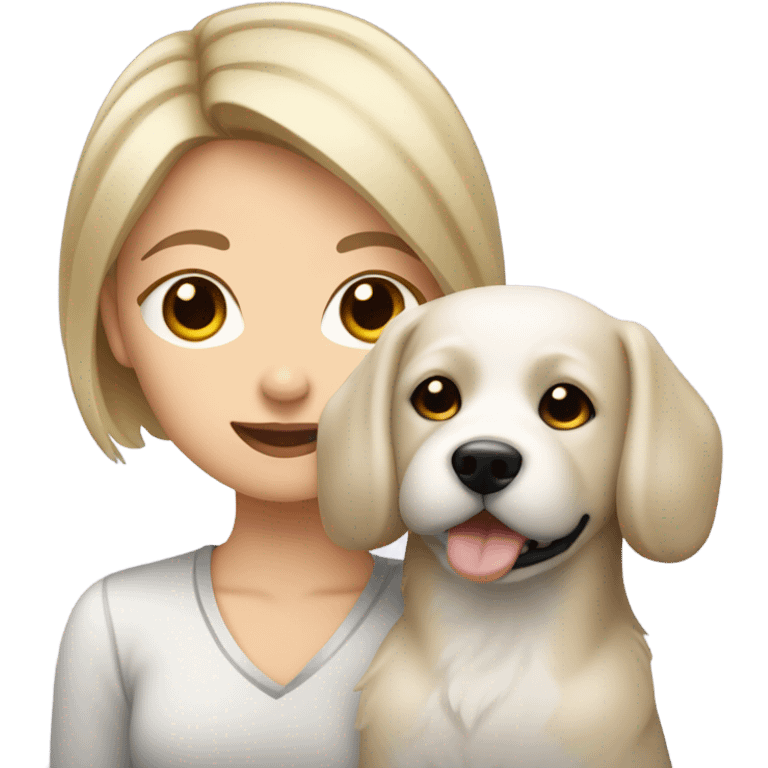 short haired blonde wasian girl holding black eared coton dog emoji