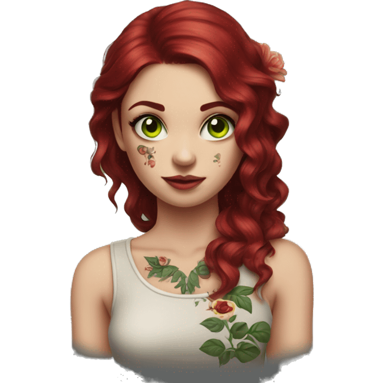 girl with dark red hair and flowers tattoo shoulder, green eyes emoji