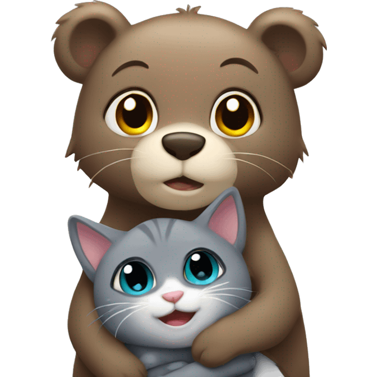 brown bear cub hugs gray cat emoji