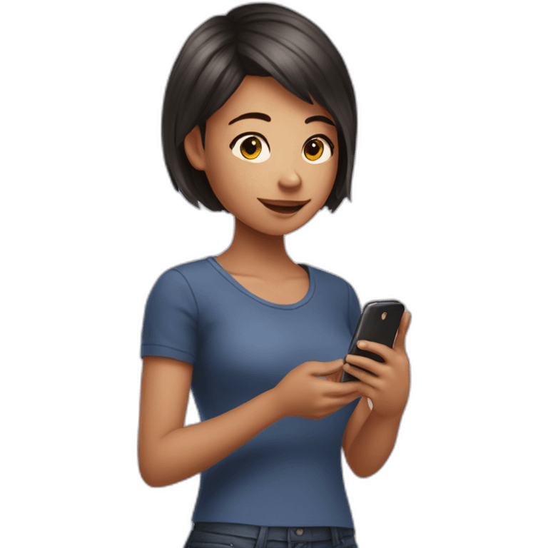 strigth short hair withe skin teenager girl playing with a cellphone emoji