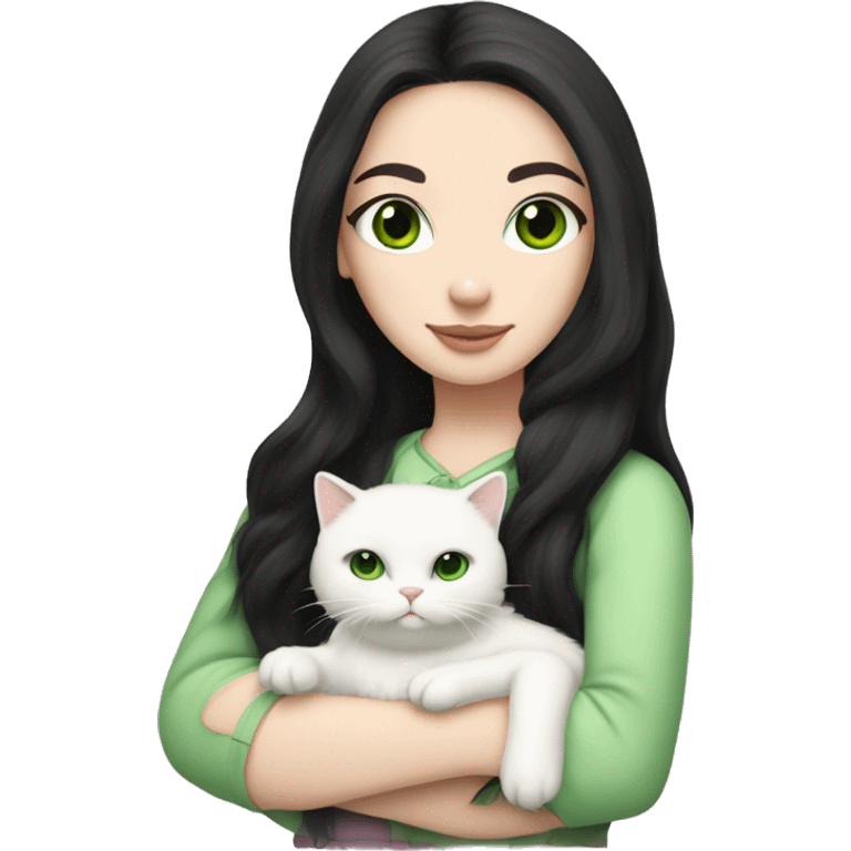 girl with pale skin, very long dark black hair and green eyes and light pink outfit hugging a white fluffy scottish cat emoji