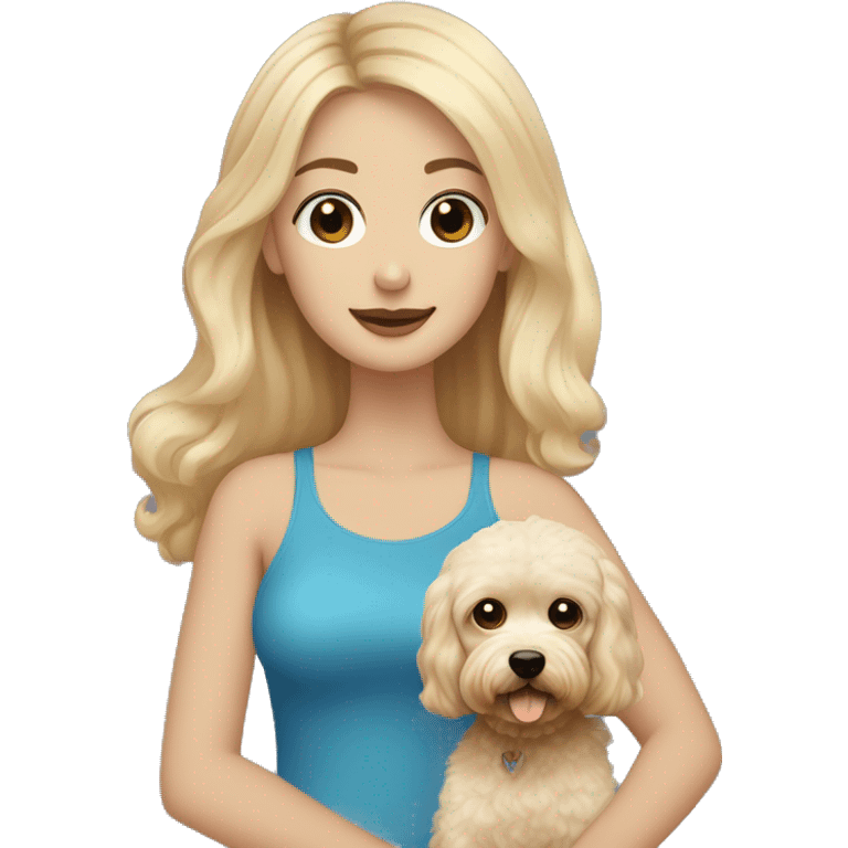 Blonde girl with long hair with blue eyes with the man who has short dark hair and a beard holding a beige maltipoo emoji