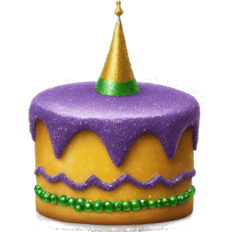 Realistic glitter icing king cake isolated with Mardi Gras beads layer across the top of the cake.  emoji