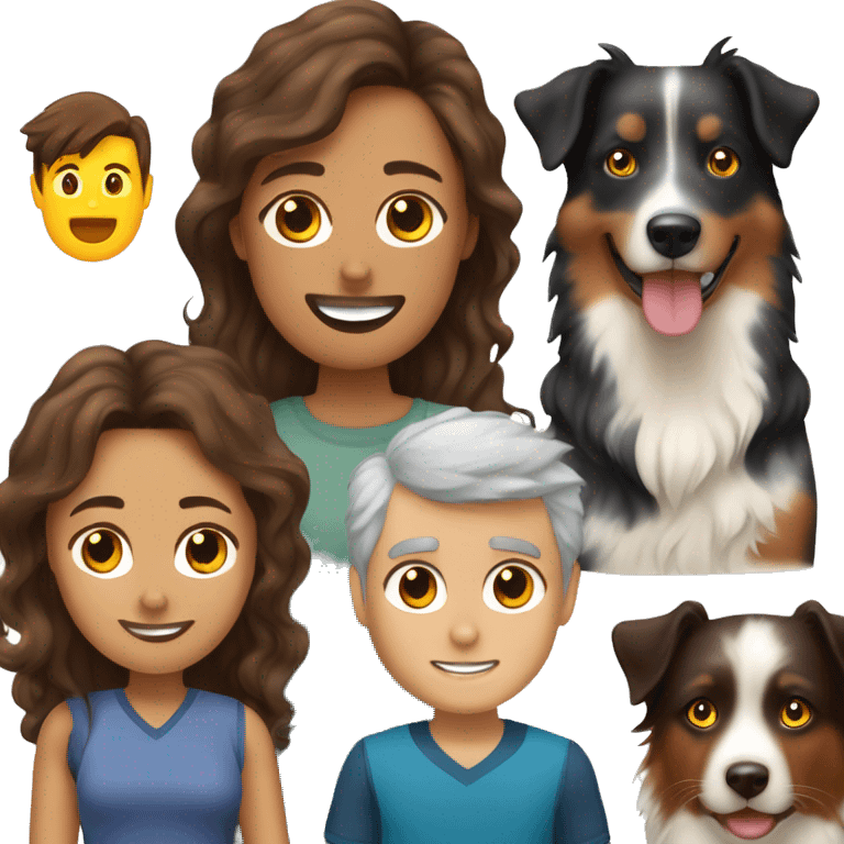 family group consisting of brunette long hair woman, bald man , black tri Australian shepherd, red Merle Australian shepherd,  emoji