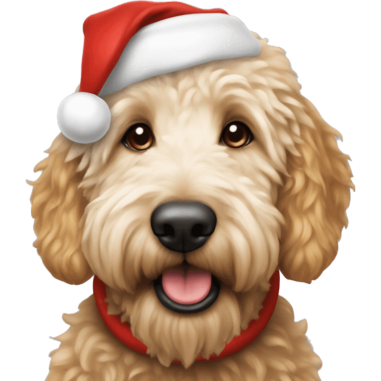 Golden doodle with a Santa hat emoji