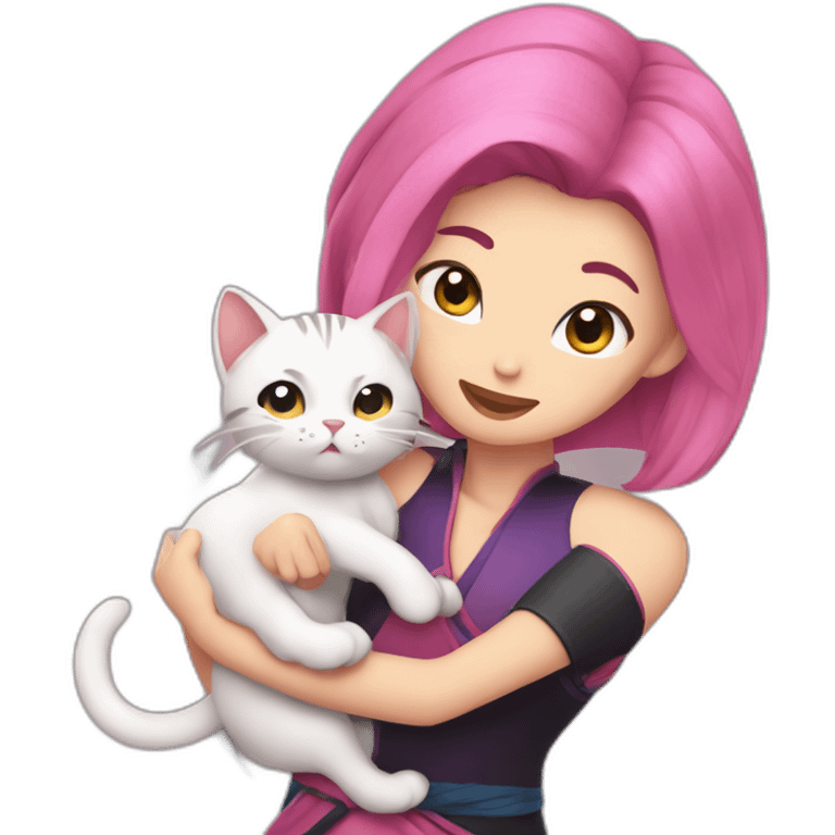 Pink hair Mulan wrestling with a cat emoji