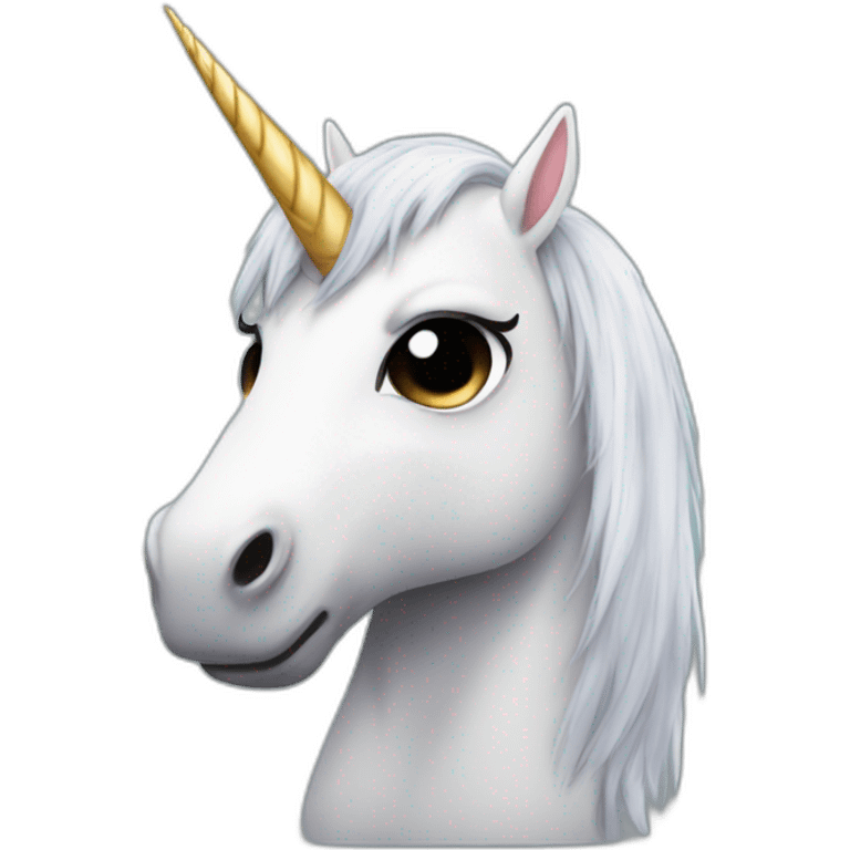 Emo annoyed unicorn, black hair, sad face, broken horn emoji