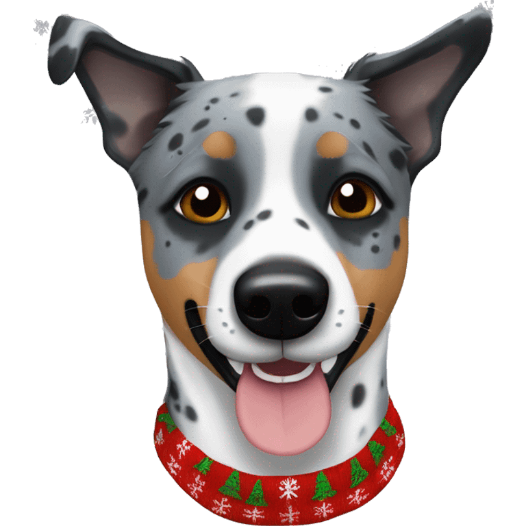 Blue heeler dog with one black spot on left eye in a Christmas sweater emoji