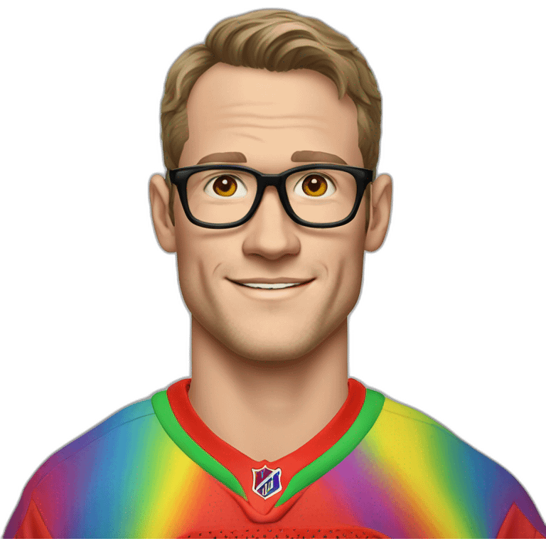 Jonathan Toews wearing glasses and rainbow clothes emoji