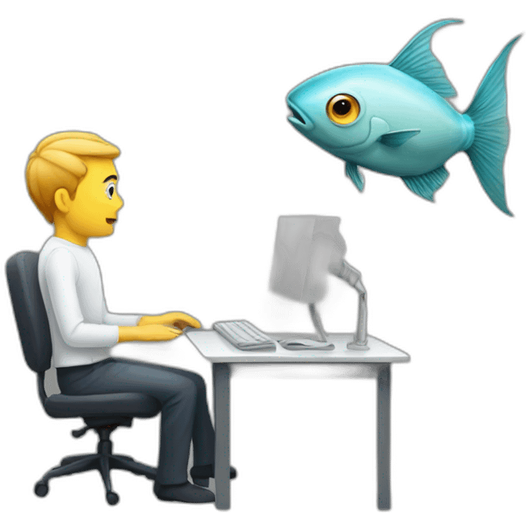 Fish with human body watching a man with computer head emoji